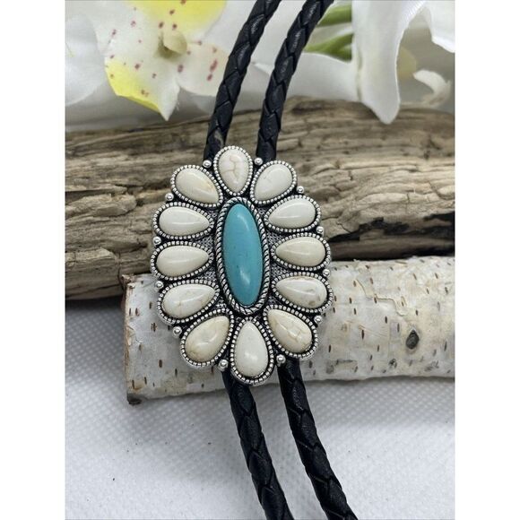 Western Cluster Turquoise  White Silver Black Bolo Tie Southwest Mens womens - Picture 3 of 13